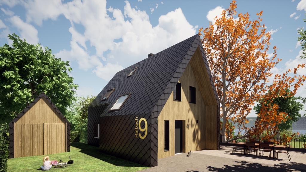 3D Ansicht Entwurf Modernes Holzhaus mit schwarzen Dächern, umgeben von Bäumen und einem Garten.