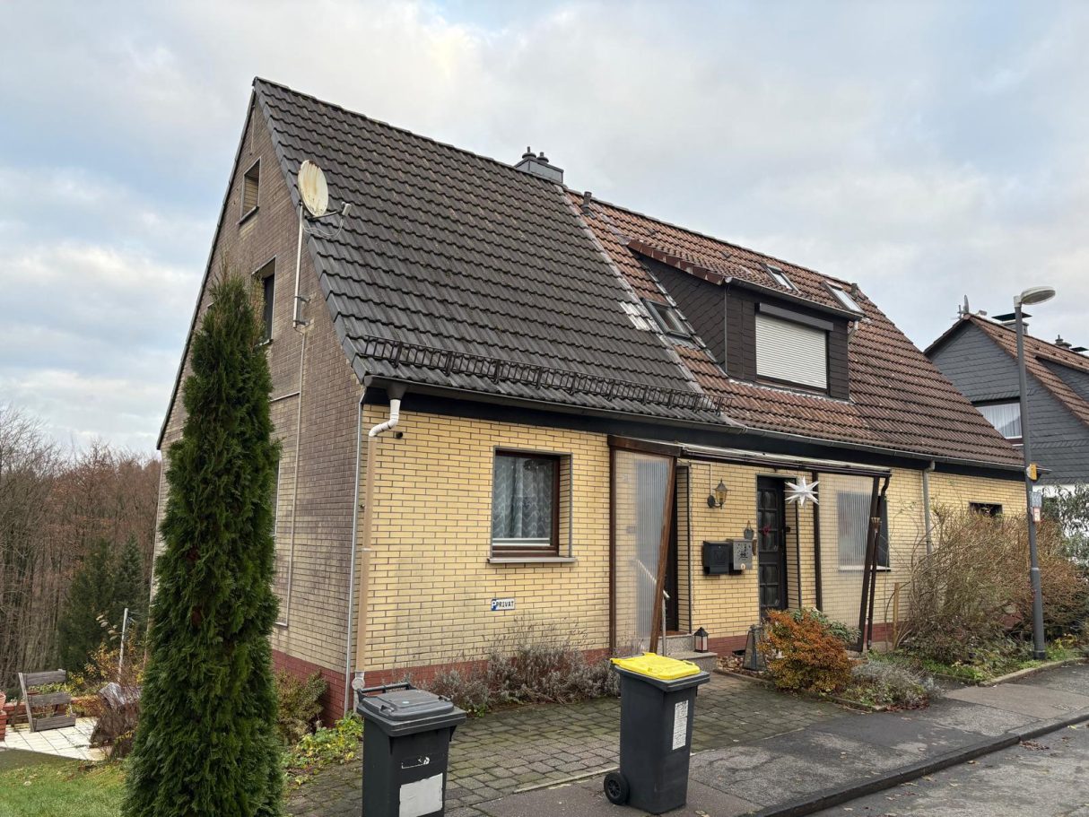 Bestandshaus Ein einseitig geneigtes Haus mit grauem Dach, gelber Fassade und dunklen Fenstern.