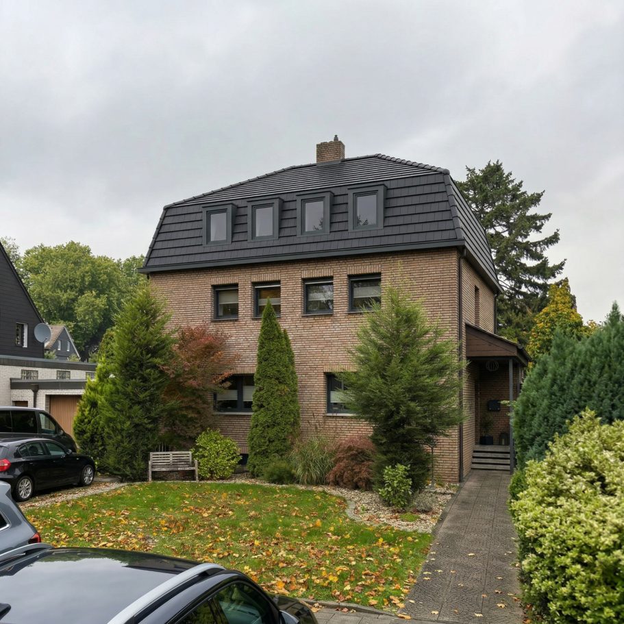 Visualisierung (KI-generiert) Zweistöckiges, braunes Haus mit grüner Hecke und Garten im Vordergrund.