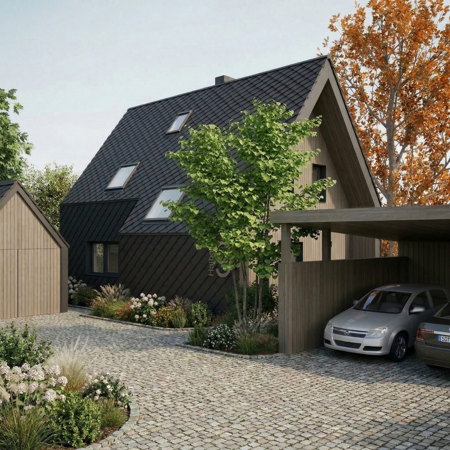 Visualisierung (KI-generiert) Modernes Haus mit Pultdach, Carport und Garten, umgeben von Bäumen und Blumen.