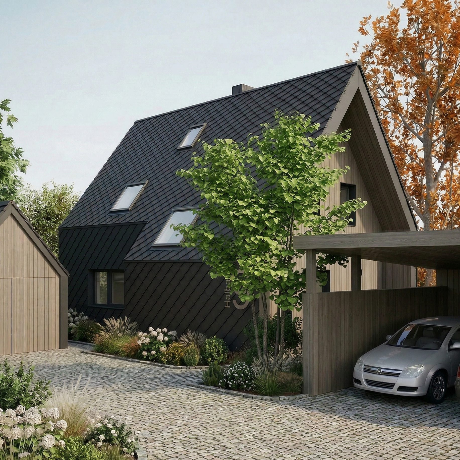 Projekt H9 - Umbau eines Einfamilienhaus in Remscheid Modernes, dunkles Holzhaus mit Carport und umgebenden Bäumen in einer ruhigen Landschaft.