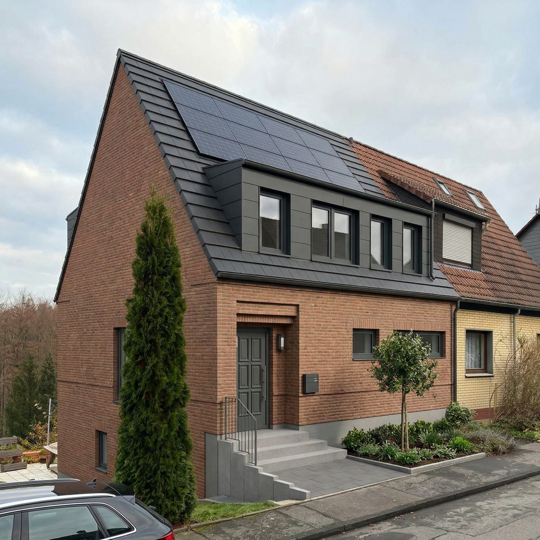 Projekt S31- Umbau einer Doppelhaushälfte in Wuppertal-Cronenberg Doppelhaushälfte mit Solarpanelen, begrüntem Vorgarten und einer Treppe zur Eingangstür.