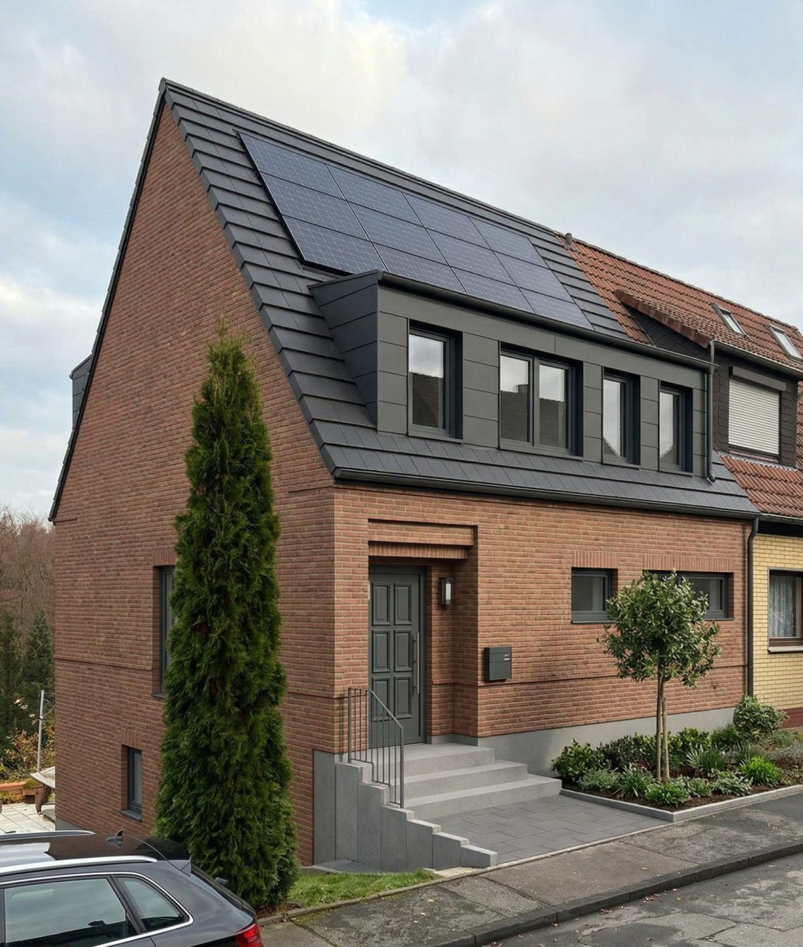 Visualisierung – Anbau (KI-gestützte Darstellung) Modernes zweigeschossiges Haus mit Solarpanelen und gepflegtem Garten.